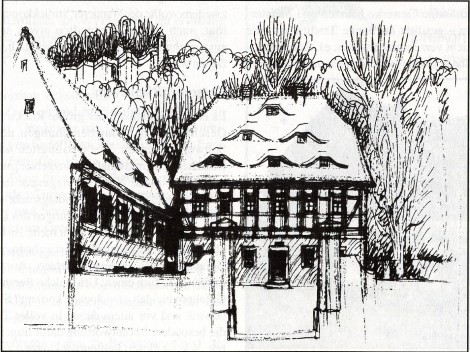 Unverfälschtes Fachwerkhaus im Ortsteil Hütten, Königstein; Zeichnung von Manfred Wagner